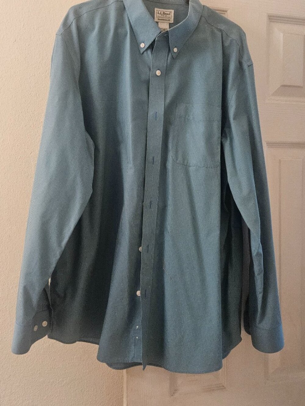 L.L. Bean green blue striped button down Work Preppy dress casual cotton shirt L